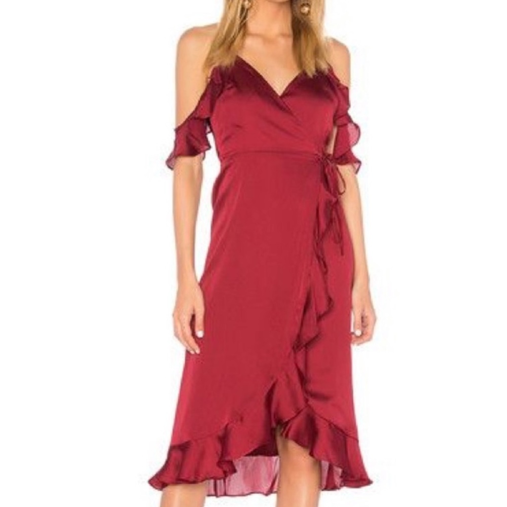 Red ruffle satin wrap dress✨